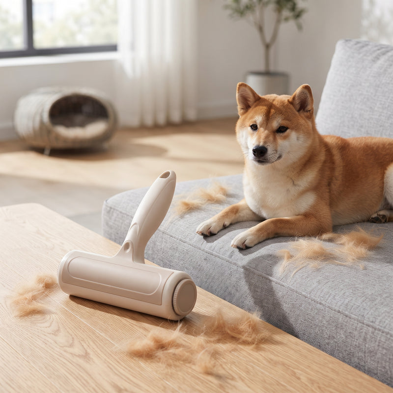 Fetch & Fuzz Hair Remover on a table beside a shiba inu on a sofa, lifted fur in front of it
