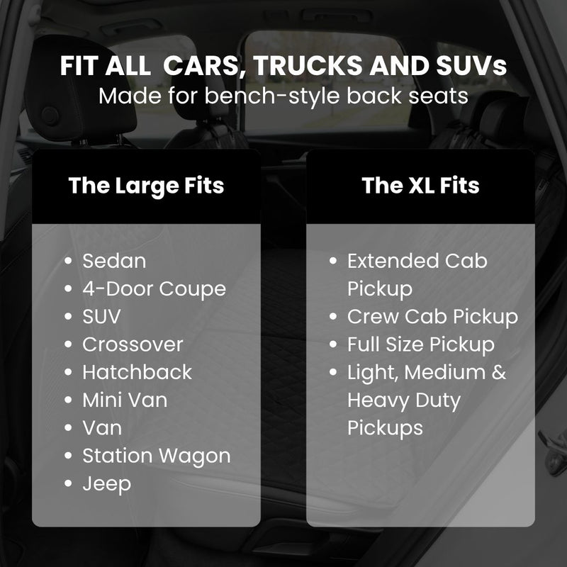 Fits cars, trucks and SUVs with bench-style back seats - Large and XL sizing guide
