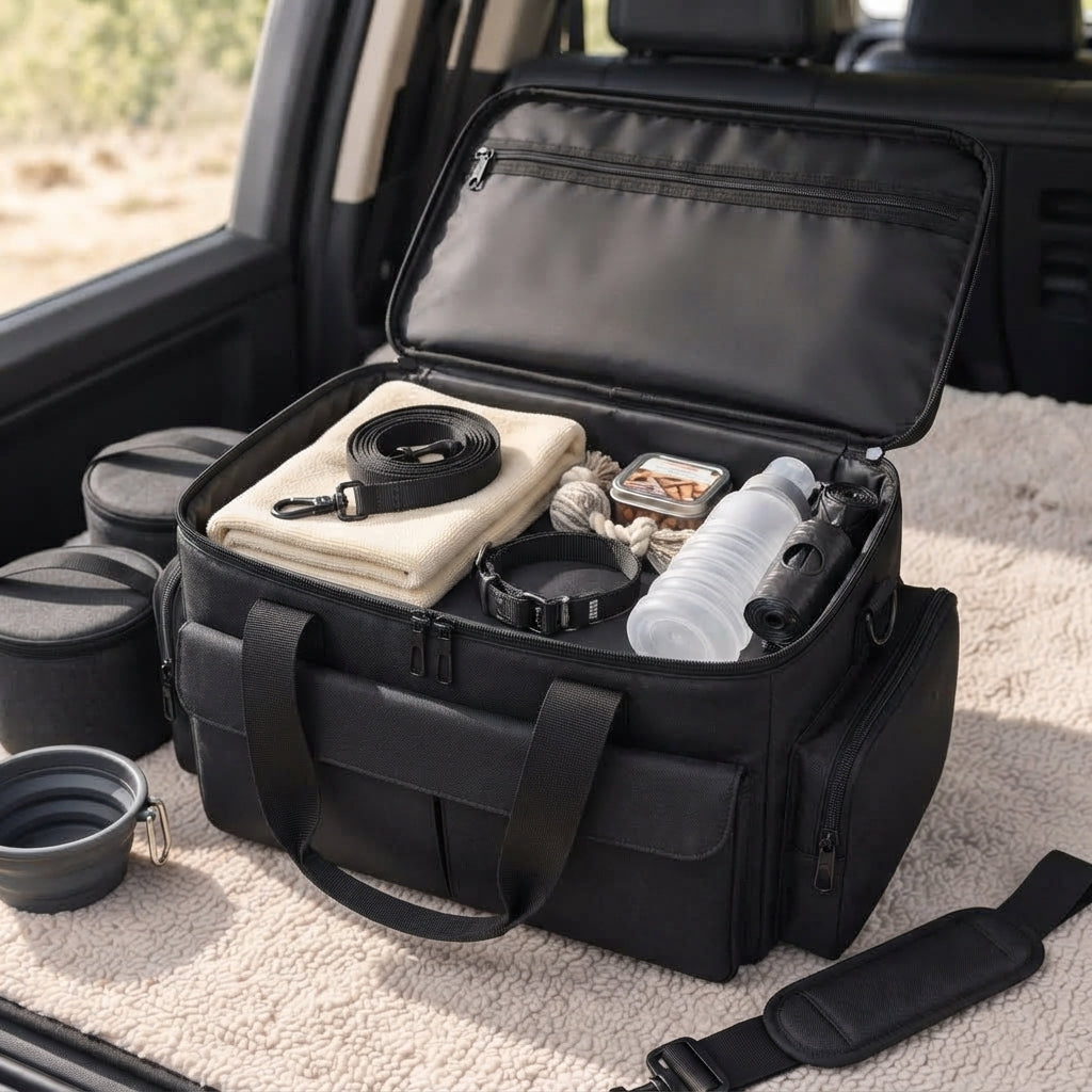 Black dog travel bag compartment detail