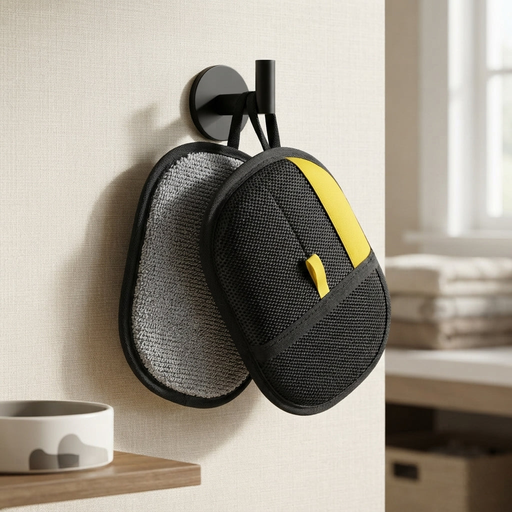 Pet hair removal mitt hanging on a hook