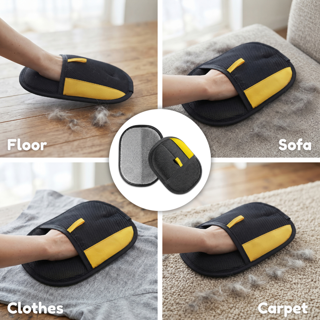Pet hair mitt in use on a sofa