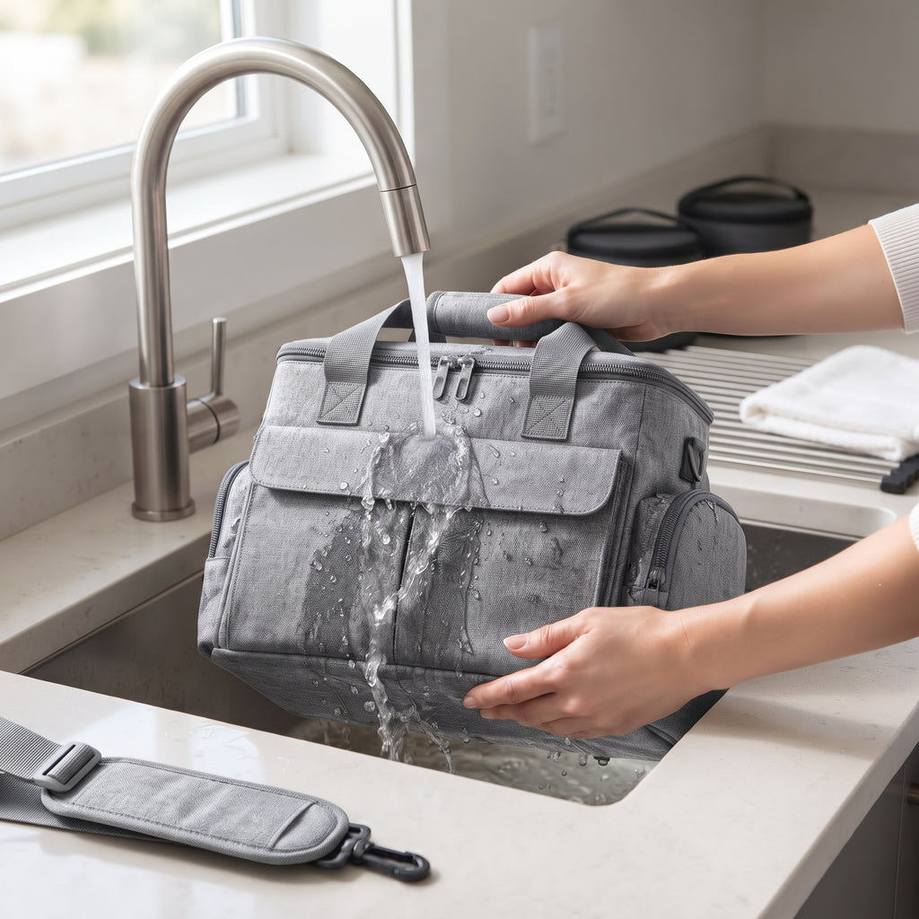 Gray dog travel bag shoulder strap detail