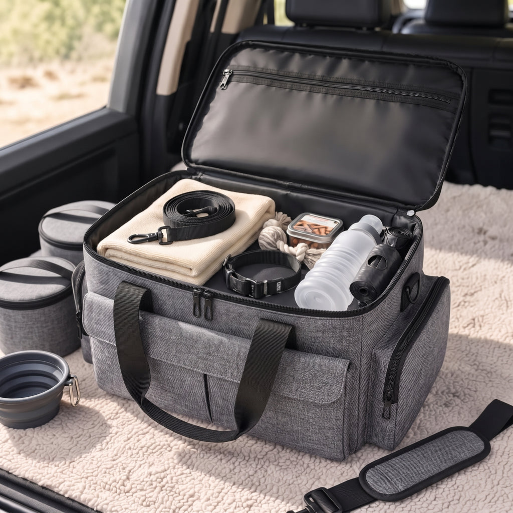Gray dog travel bag compartment detail