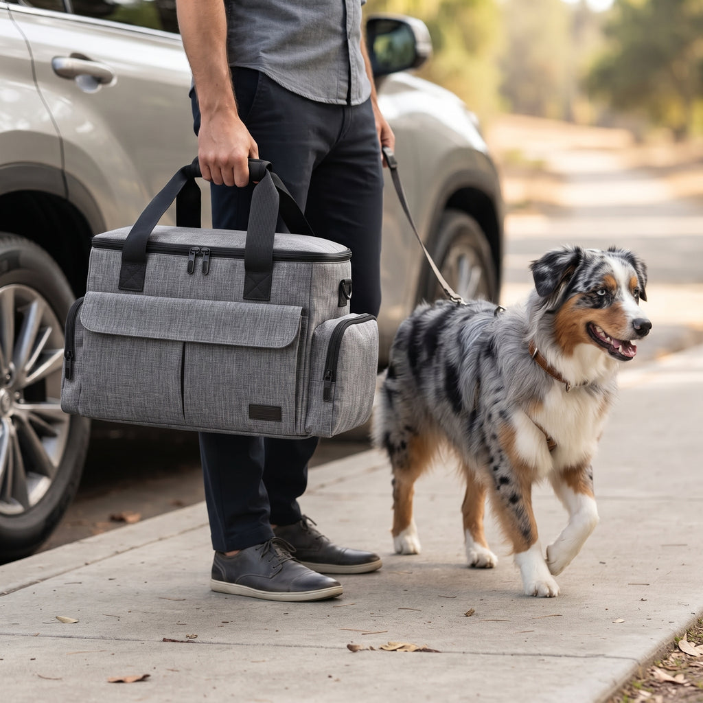 Gray dog travel bag in use