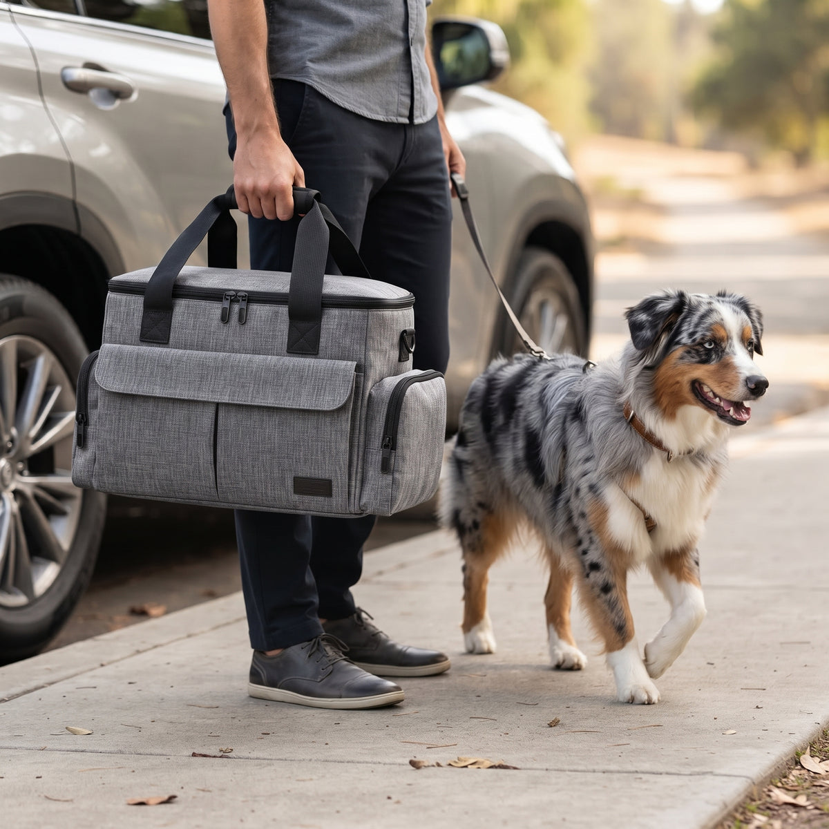 Gray dog travel bag in use