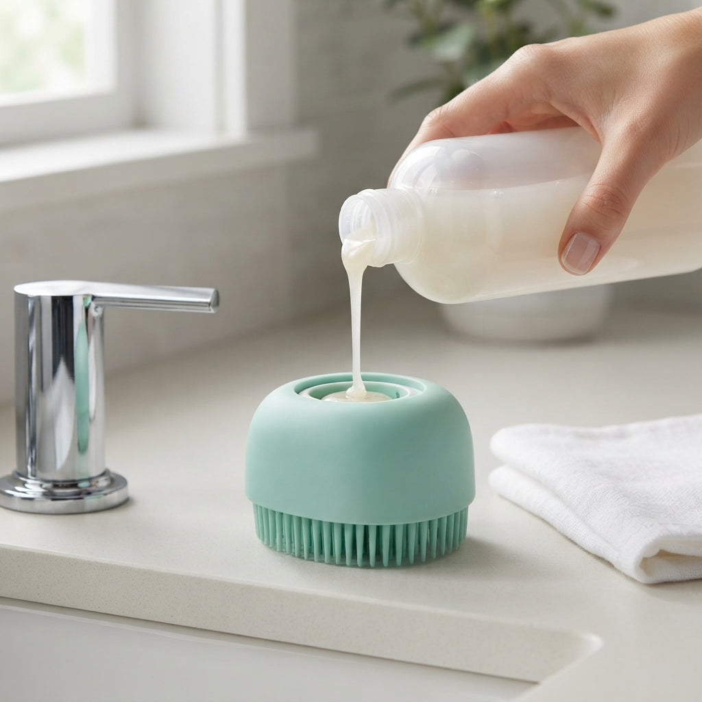 Dog shampoo brush refillable reservoir detail