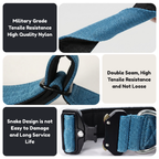 Tactical dog collar construction detail: military grade nylon, double seam and snake-design buckle