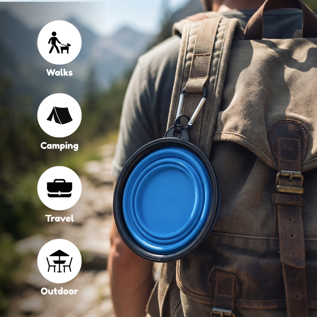 Collapsible dog travel bowl clipped to a bag