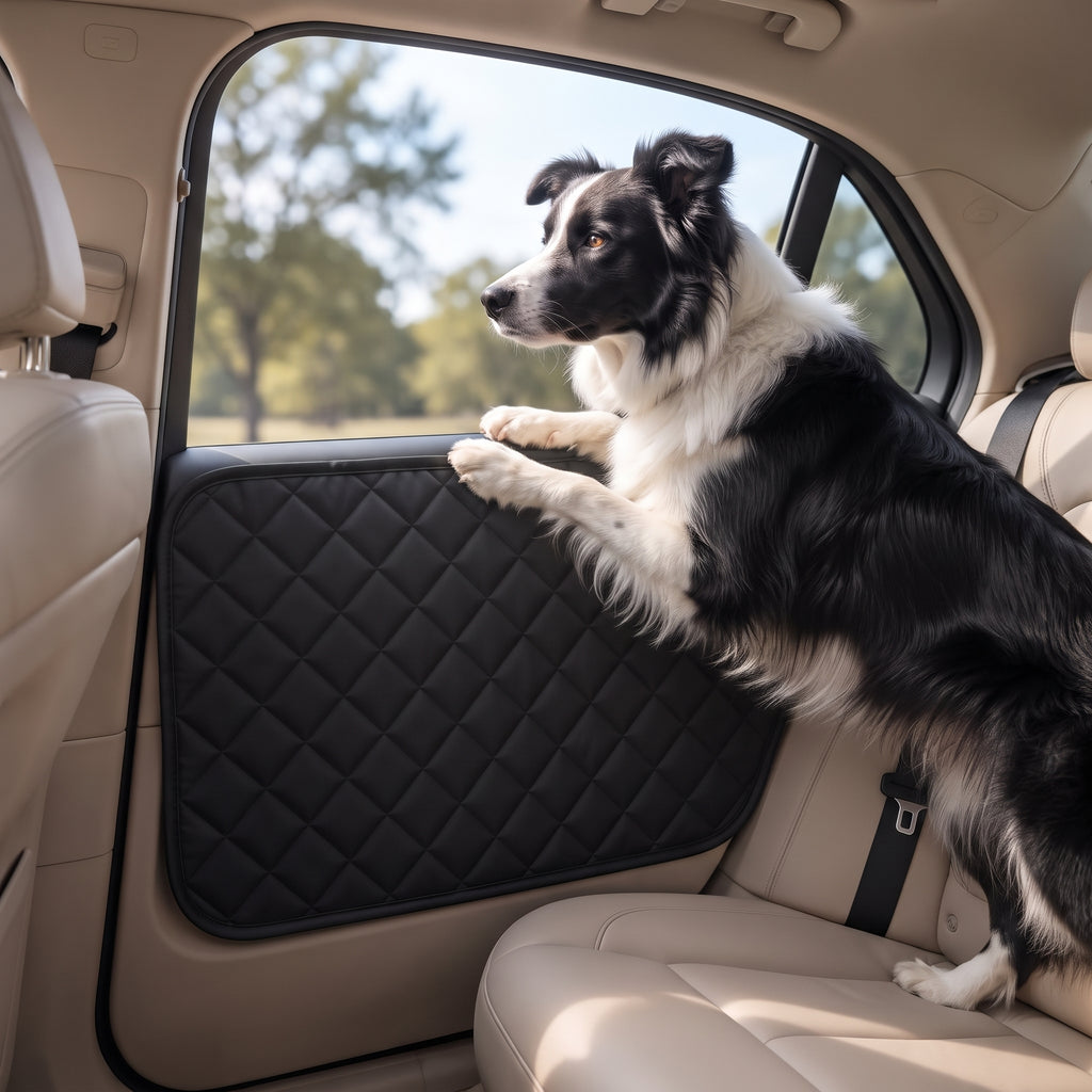 Dog resting paws against a Fetch & Fuzz car door protector