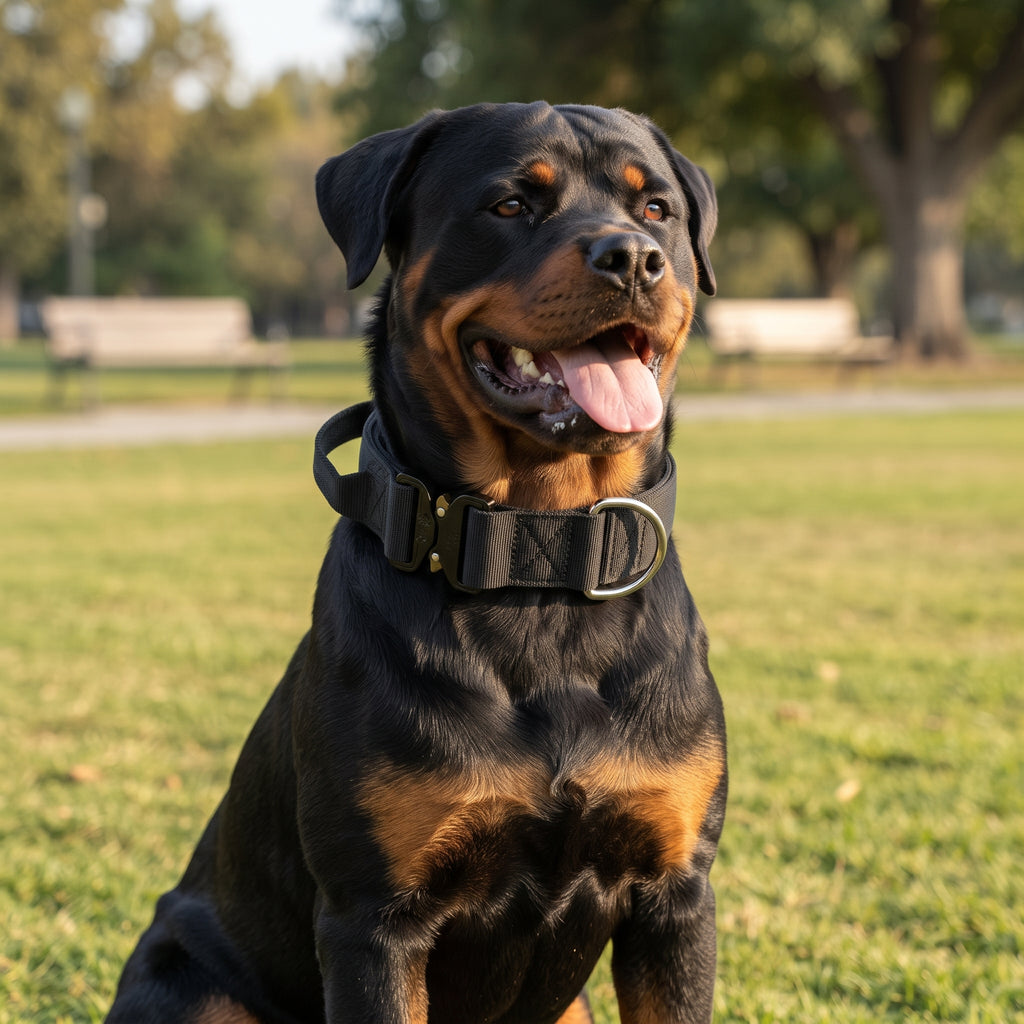 Rottweiler wearing a black Fetch & Fuzz tactical dog collar outdoors