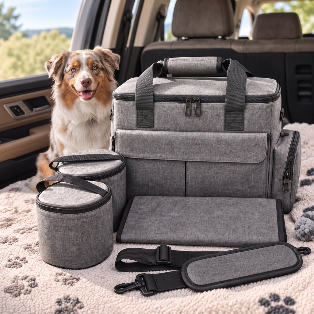 Gray dog travel bag with containers and bowls laid out