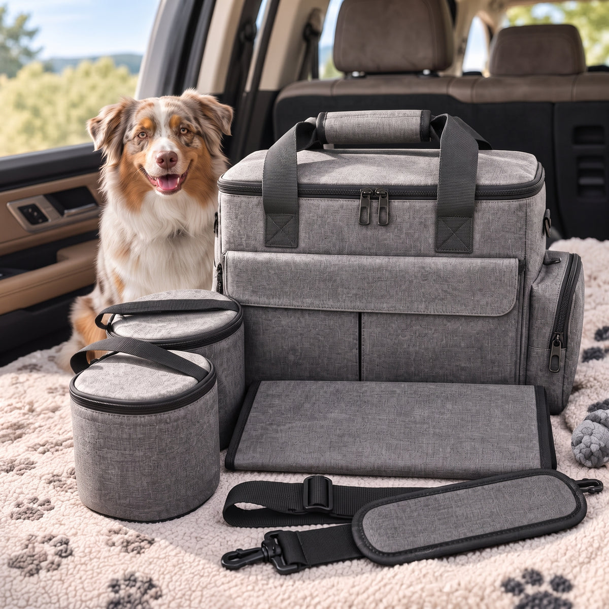 Gray dog travel bag with containers and bowls laid out