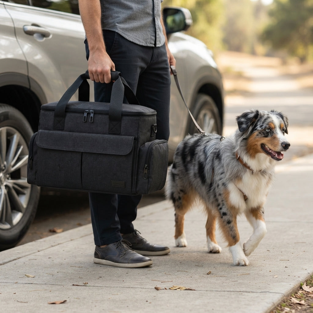 Black dog travel bag placemat and accessories