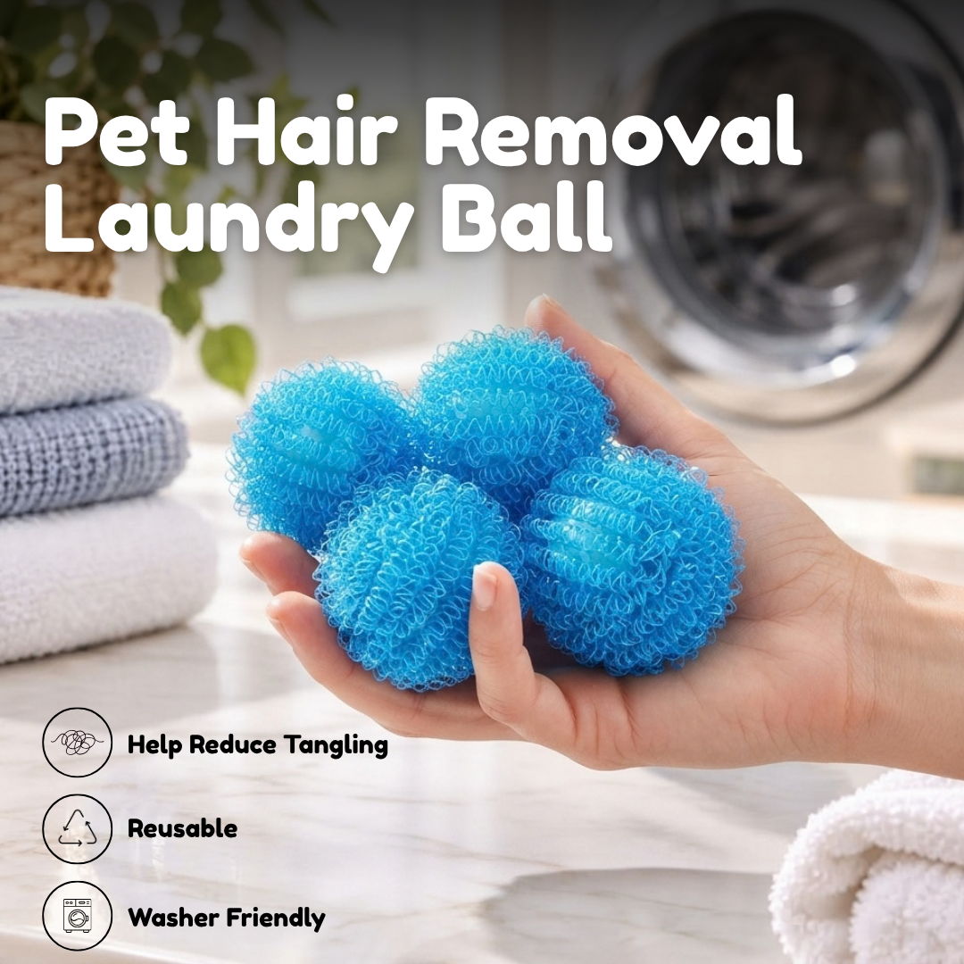 Laundry balls catching pet hair in a washing machine drum