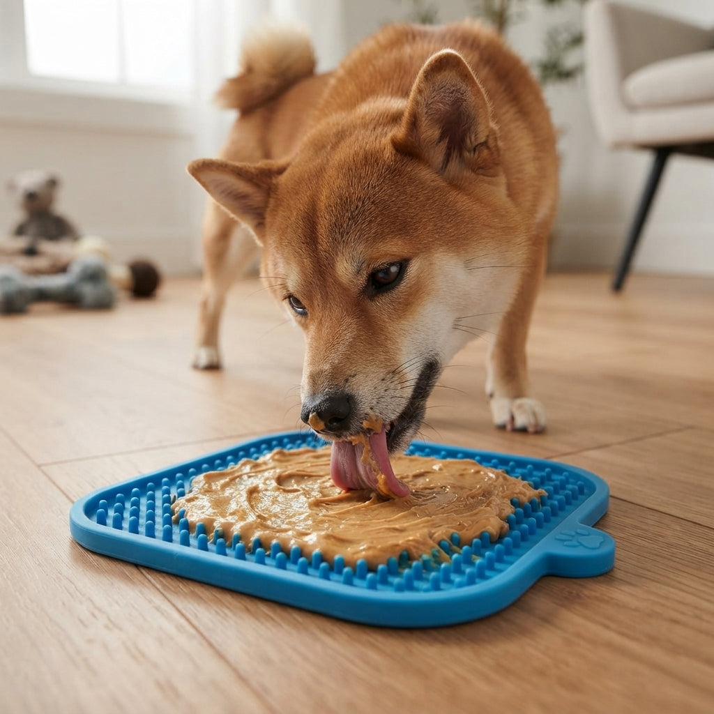 Dog licking spread from a Fetch & Fuzz lick mat