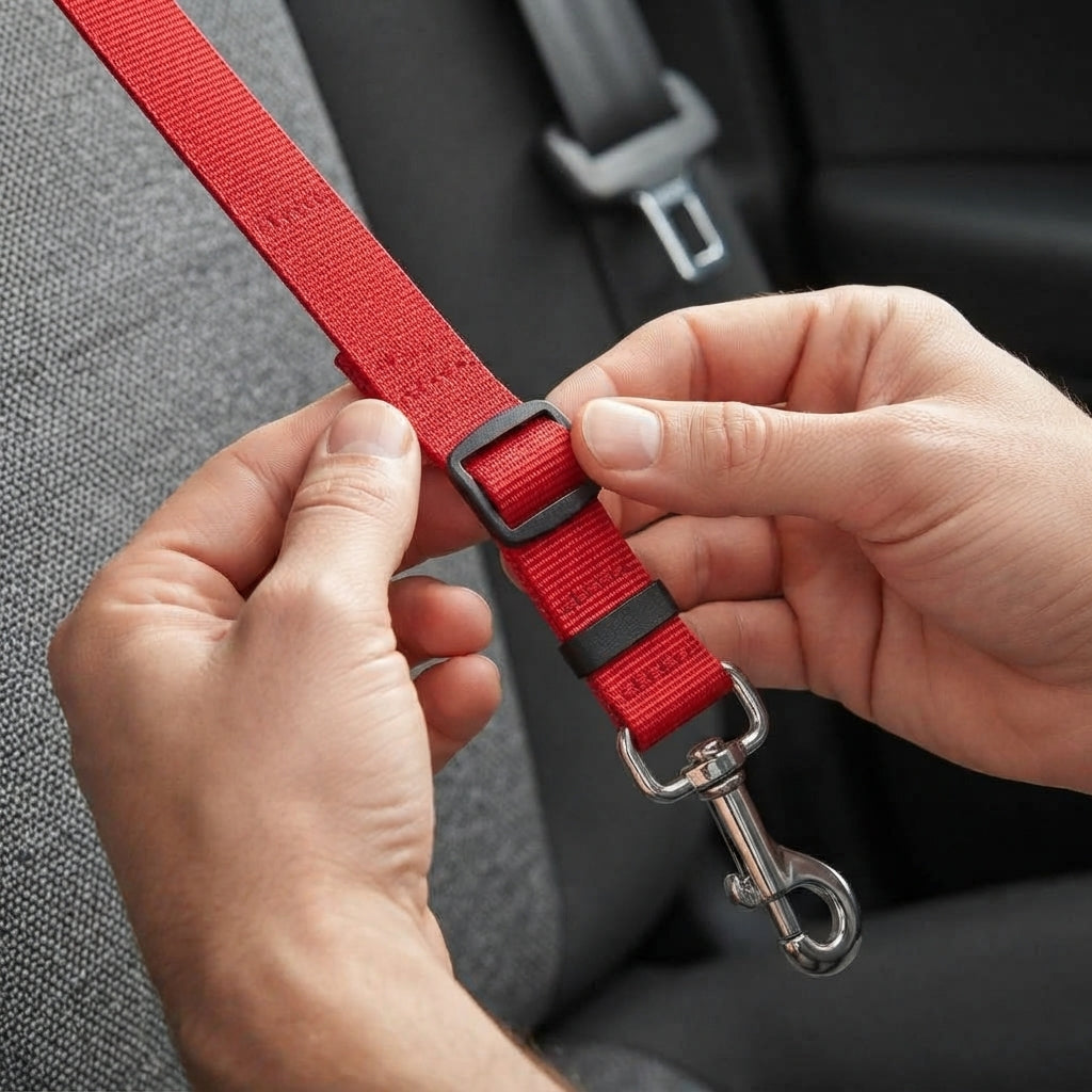 Dog secured with a car safety tether on a back seat