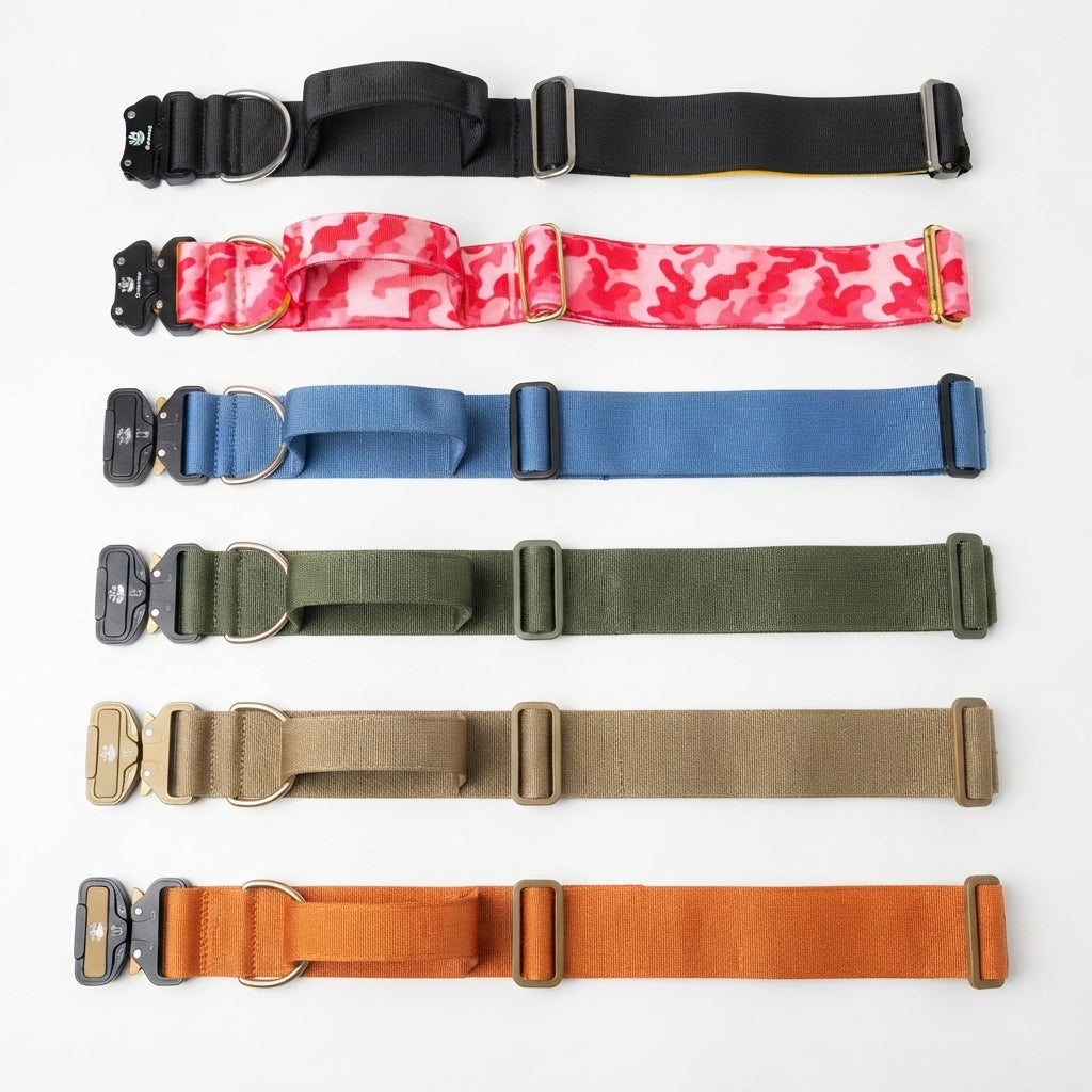 Tactical dog collar colour range laid flat showing buckle and D-ring