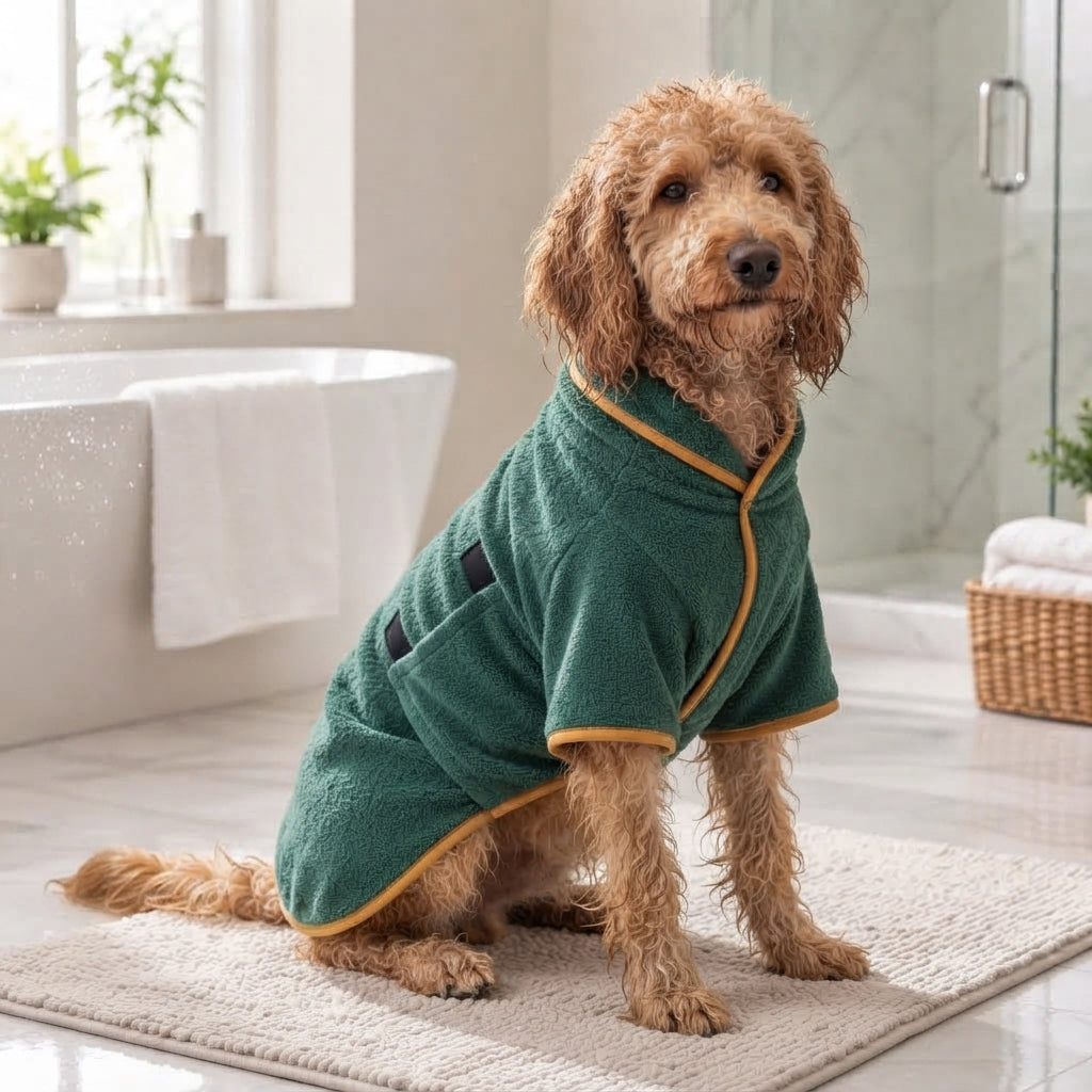 Dog wearing a Fetch & Fuzz hooded bathrobe after a bath