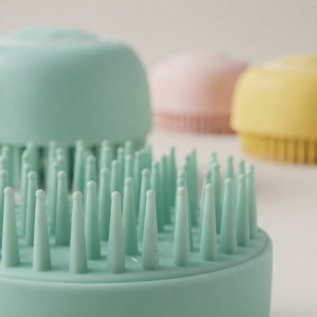 Dog shampoo brush in use lathering a dog