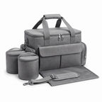 Fetch & Fuzz dog travel bag in gray with food containers and collapsible bowls