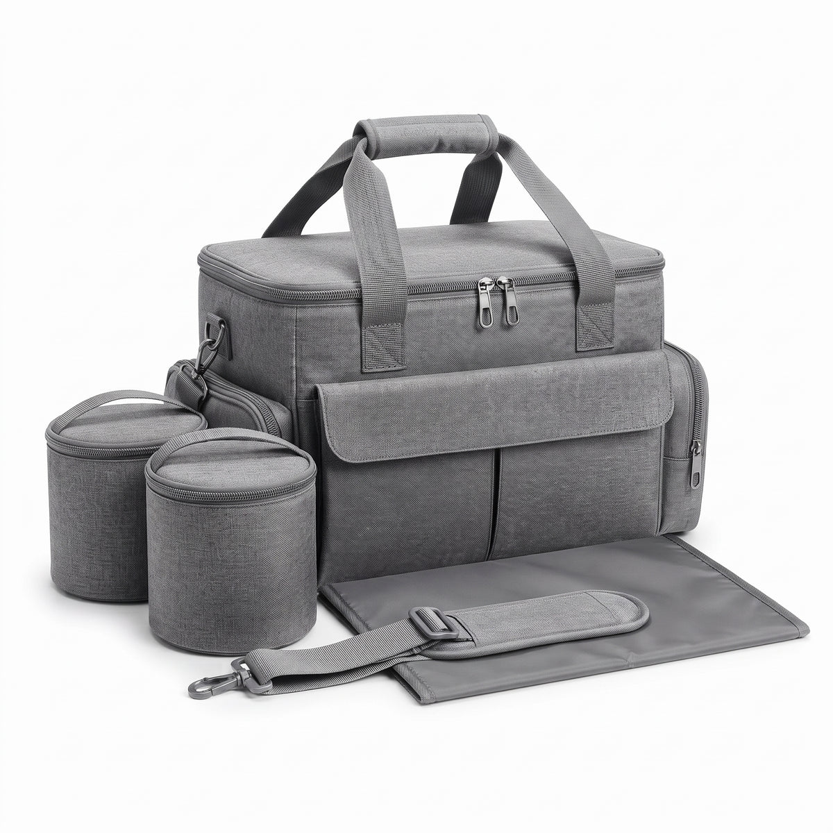 Fetch & Fuzz dog travel bag in gray with food containers and collapsible bowls