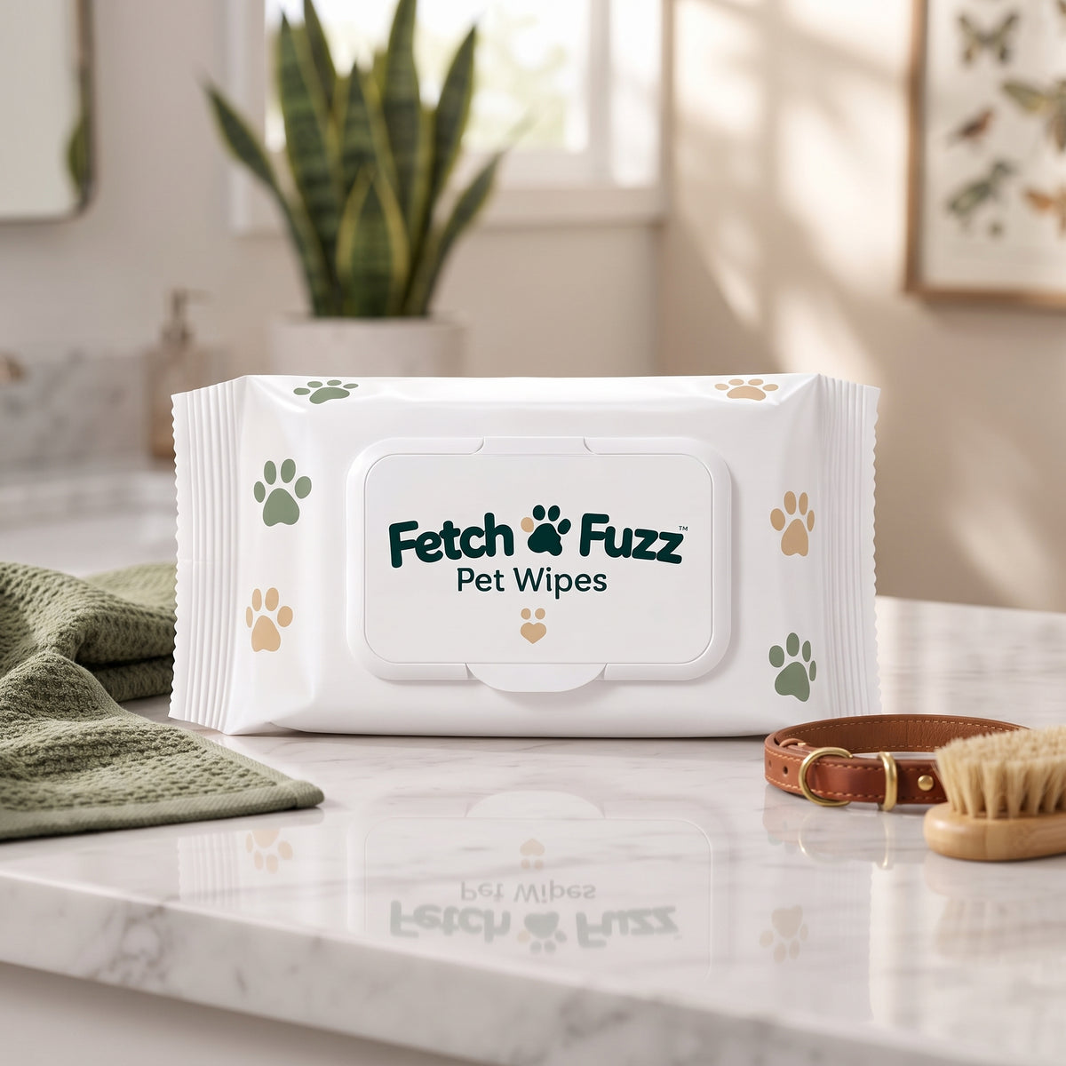 Fetch & Fuzz pet wipes pack, front view