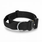 Fetch & Fuzz tactical dog collar in black with control handle and metal D-ring