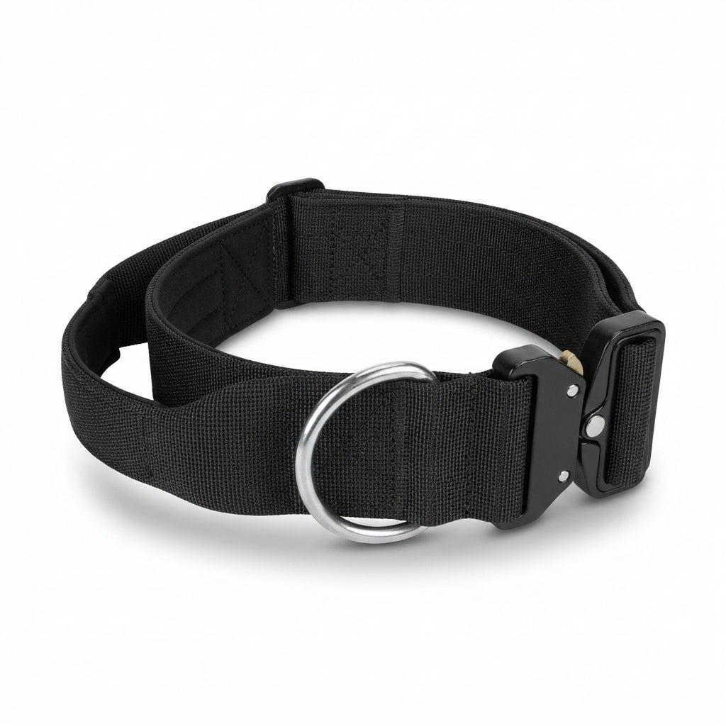 Fetch & Fuzz tactical dog collar in black with control handle and metal D-ring