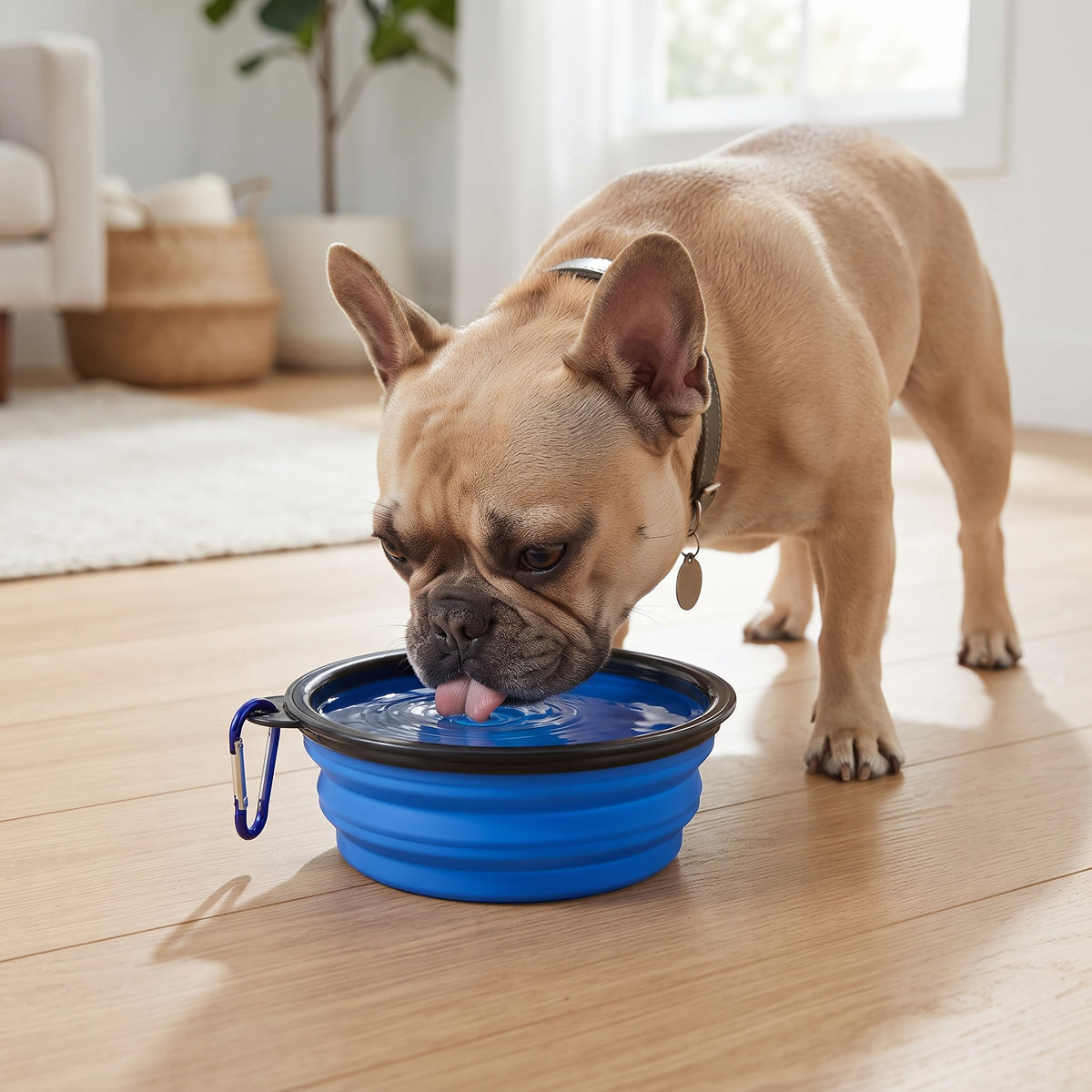 Collapsible dog bowl folded flat with carabiner clip