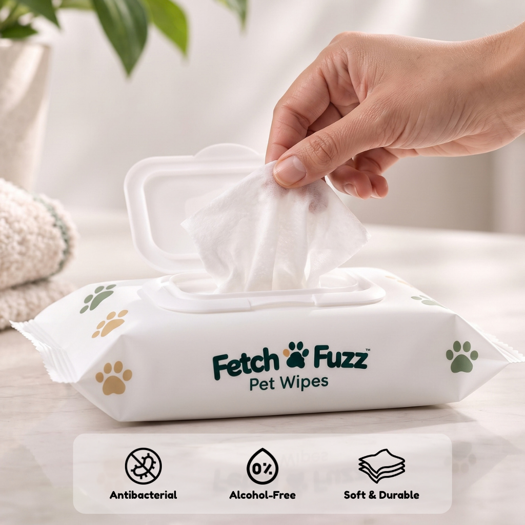 Fetch & Fuzz pet wipes in use cleaning a dog paw