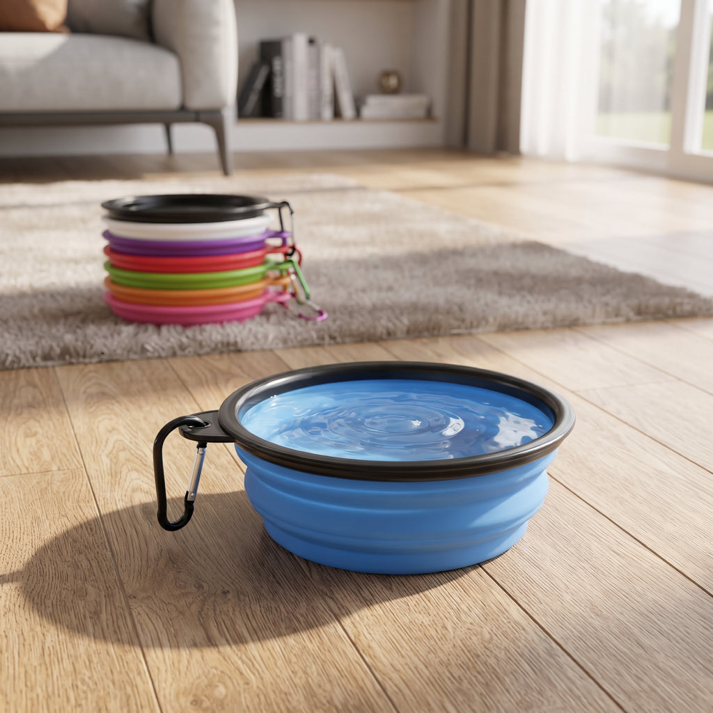 Collapsible dog bowl filled with water on a wooden floor