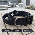Tactical dog collar inner layer of elastic neoprene for cushioning and neck protection