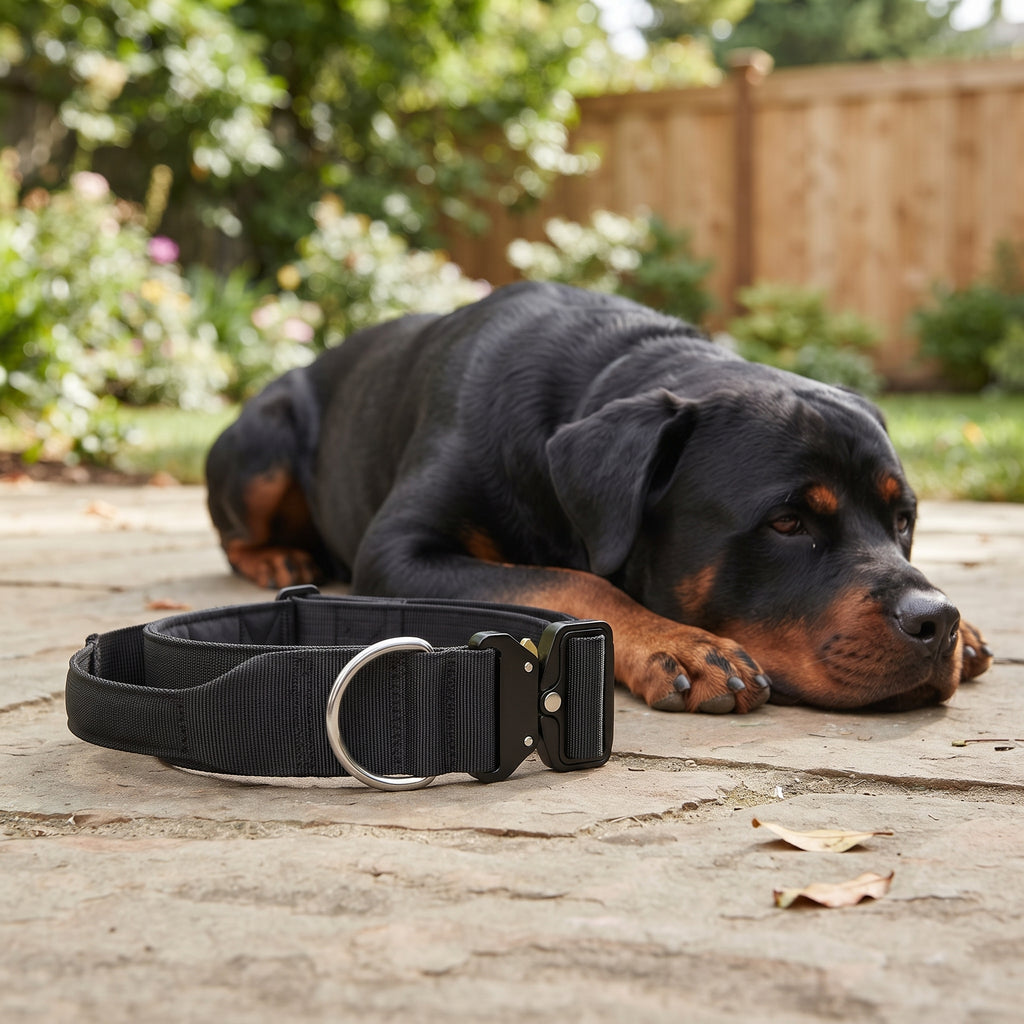 Rottweiler resting beside a black tactical dog collar