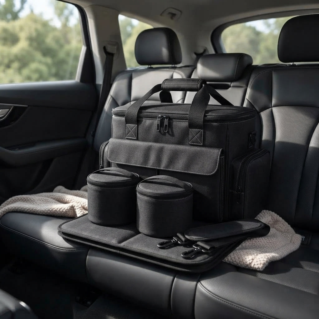 Black dog travel bag packed on a car back seat