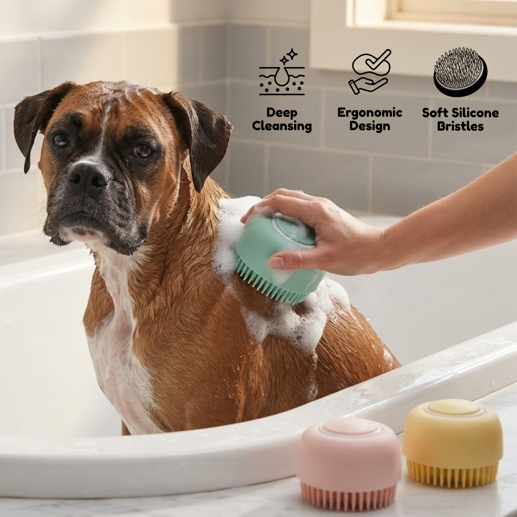 Dog shampoo brush silicone bristle close-up