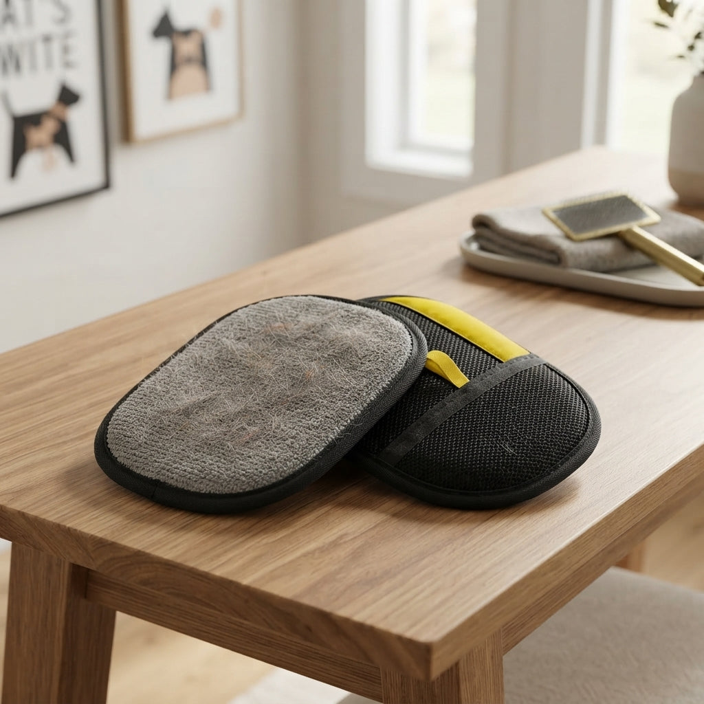 Pet hair removal mitt on a table showing both sides