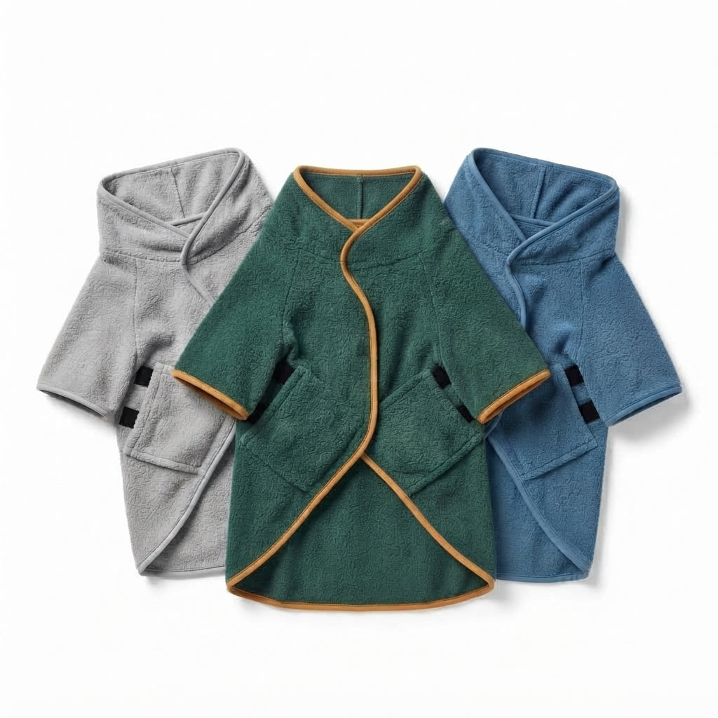 Fetch & Fuzz hooded dog bathrobe shown in grey, green and blue
