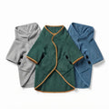 Fetch & Fuzz hooded dog bathrobe shown in grey, green and blue