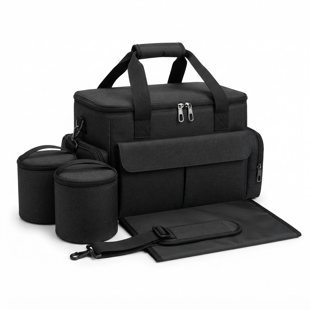 Fetch & Fuzz dog travel bag in black with food containers and collapsible bowls