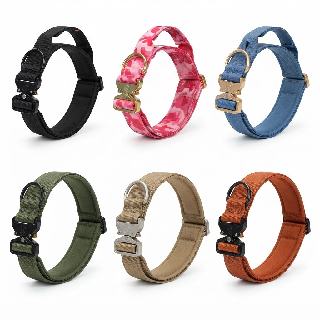 Fetch & Fuzz tactical dog collar shown in all six colours
