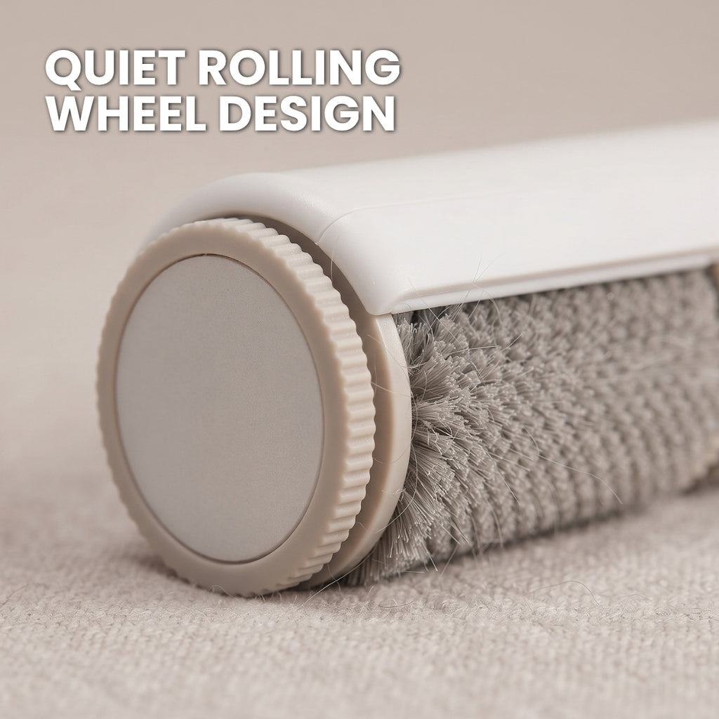 Quiet rolling wheel design, close view of the roller on fabric
