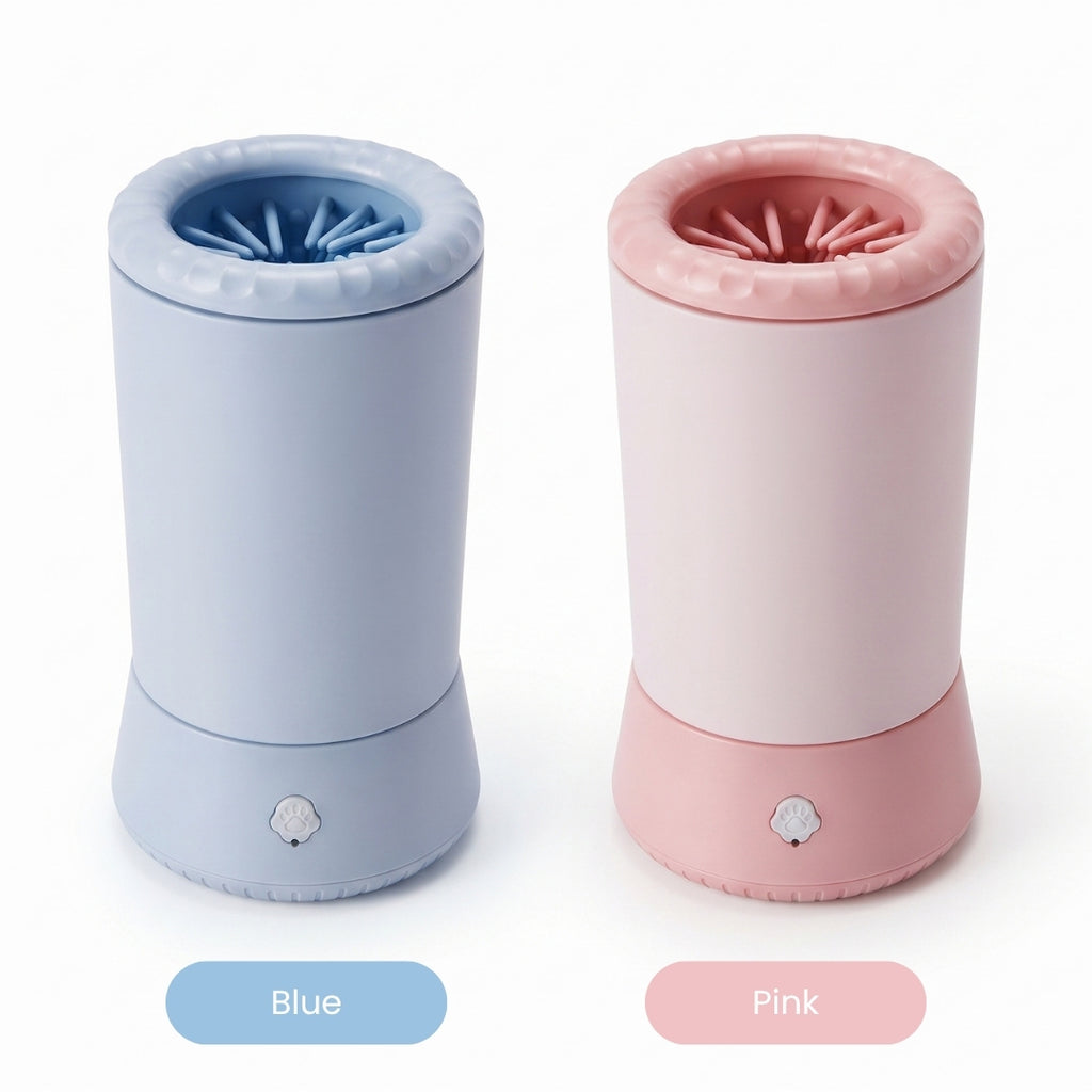 Automatic Paw Cleaner shown in Blue and Pink, with silicone bristles visible inside