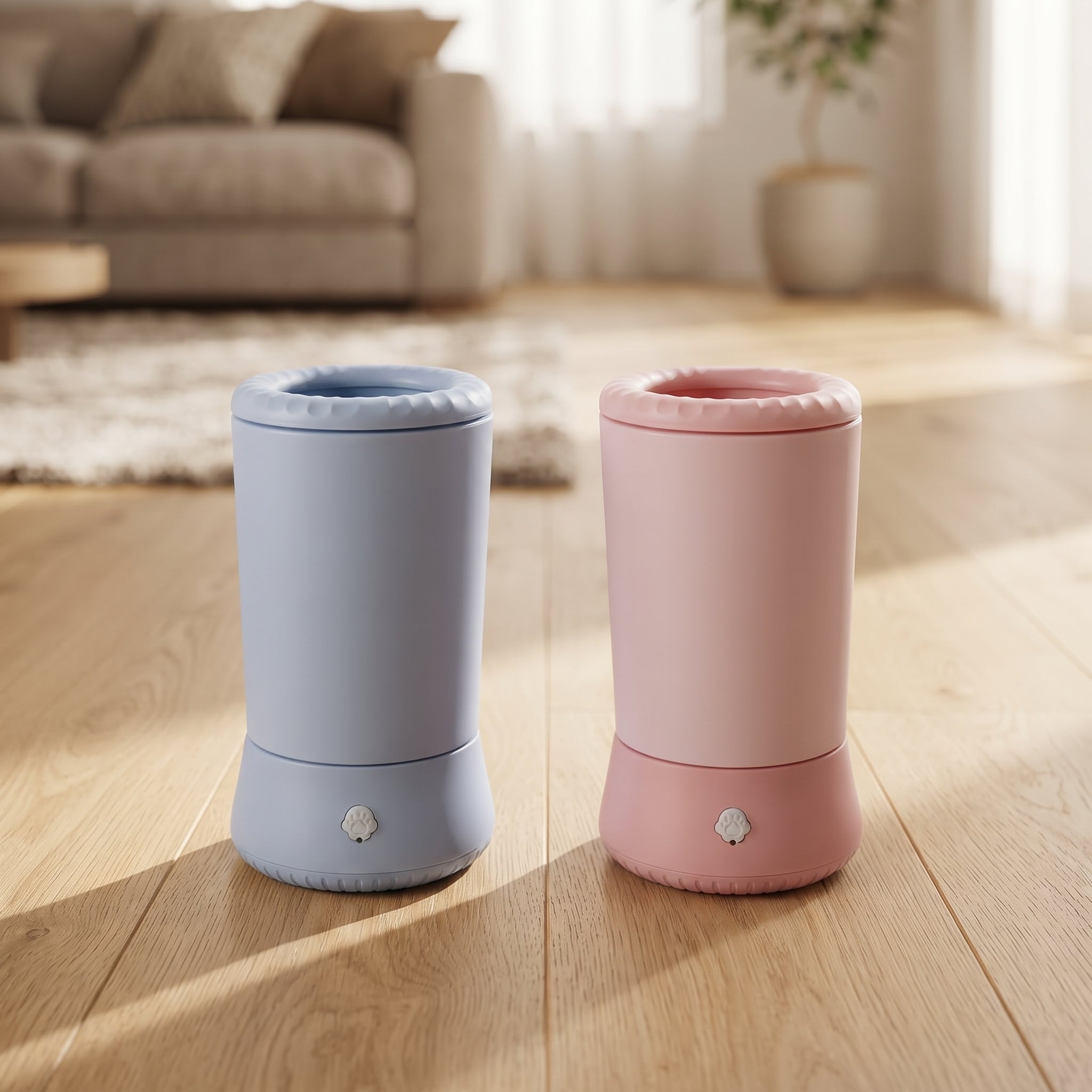 Automatic Paw Cleaner in Blue and Pink on a wooden floor at home