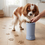 Spaniel with a muddy paw being cleaned, muddy paw prints across the floor behind