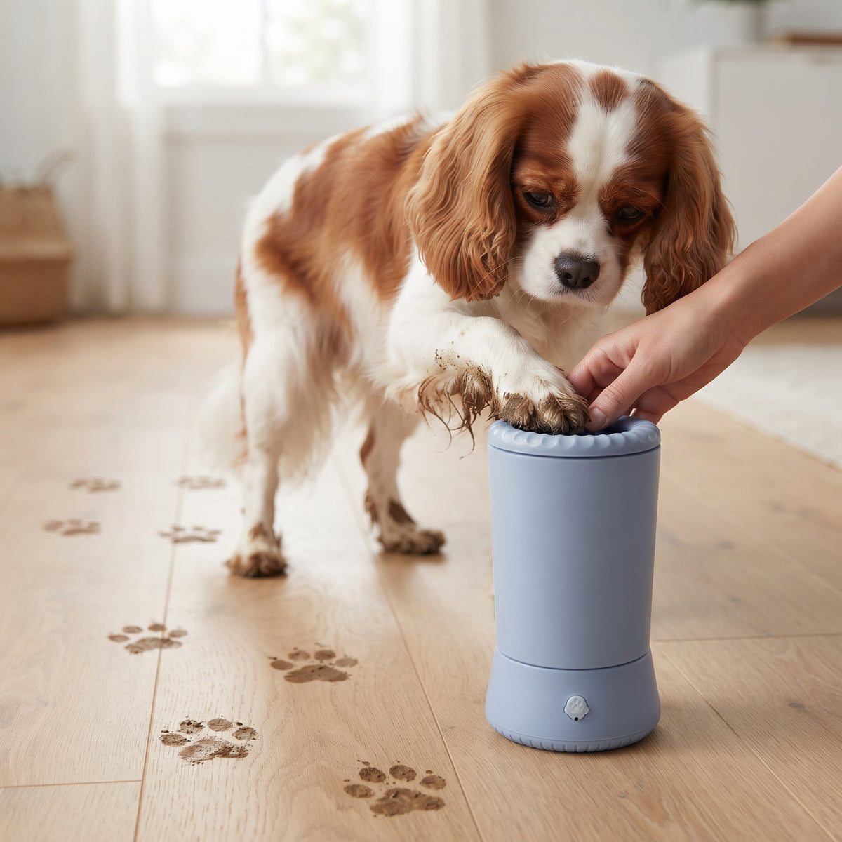 Spaniel with a muddy paw being cleaned, muddy paw prints across the floor behind