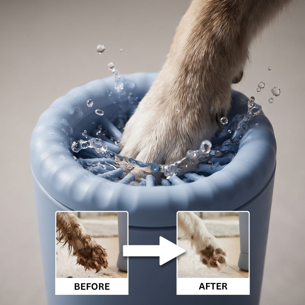 Before and after: a muddy paw and the same paw clean after one wash
