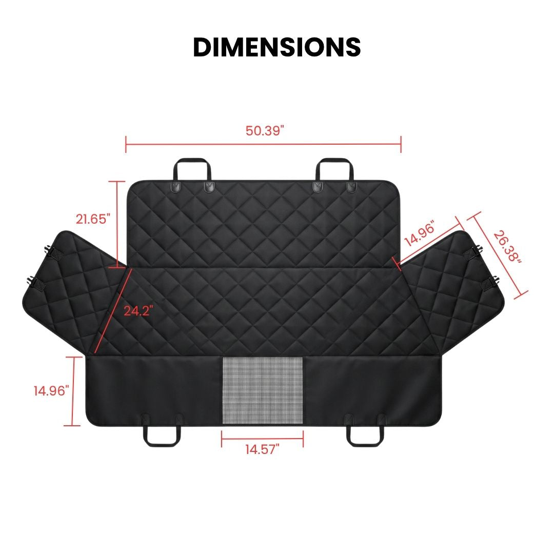 Dimensions: 50.39 inches wide, 21.65 inch backrest, 24.2 inch seat, 26.38 by 14.96 inch side flaps, 14.57 inch mesh window