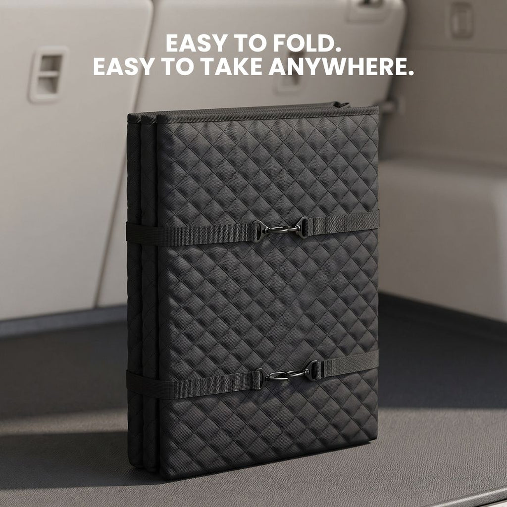 Folds flat with buckle straps for storage and travel
