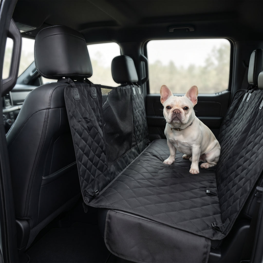 French bulldog sitting on the cover in bench mode, mesh window visible behind