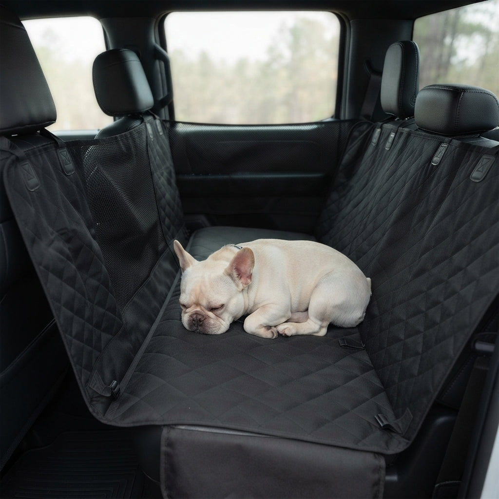 Fetch & Fuzz Dog Car Seat Cover installed in a vehicle